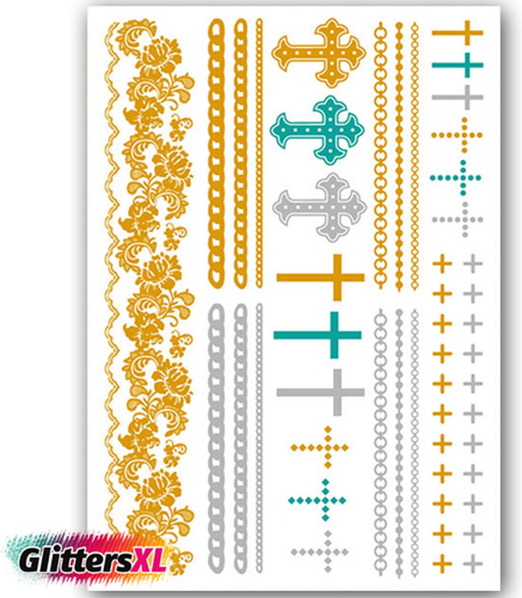 GlittersXL - Temporary Tattoo Goud/Gold (11x6cm) [Neptattoo Ibiza Turquoise - Tijdelijke tatoeage - Nep Fake Tattoos - Water overdraagbare festival sticker henna outfit tattoo - Glitter tattoo - Volwassenen Kinderen Jongen Meisje]